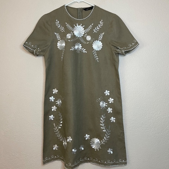 Zara 100% Linen Embroidered Dress Tan/White Women's Size S - Picture 2 of 11